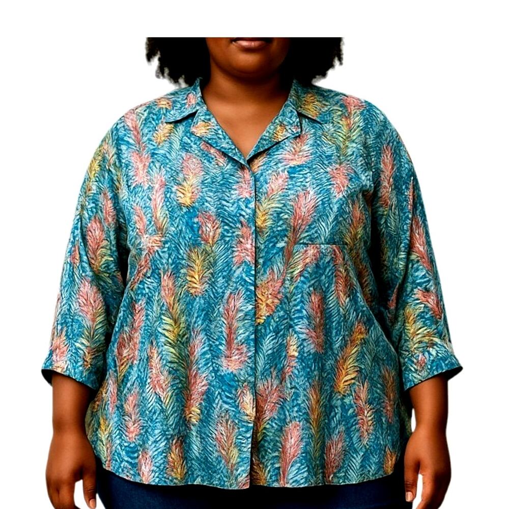 Woman Within 2X Green Button Up Women's Top Shirt Blouse Plus 18W 20W XXL 2XL